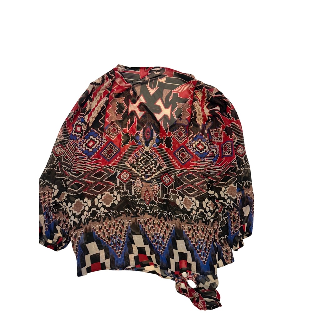Halo Sheer Geometric Tribal Print Tie Front Blouse Red Blue Black 3/4 Sleeve L